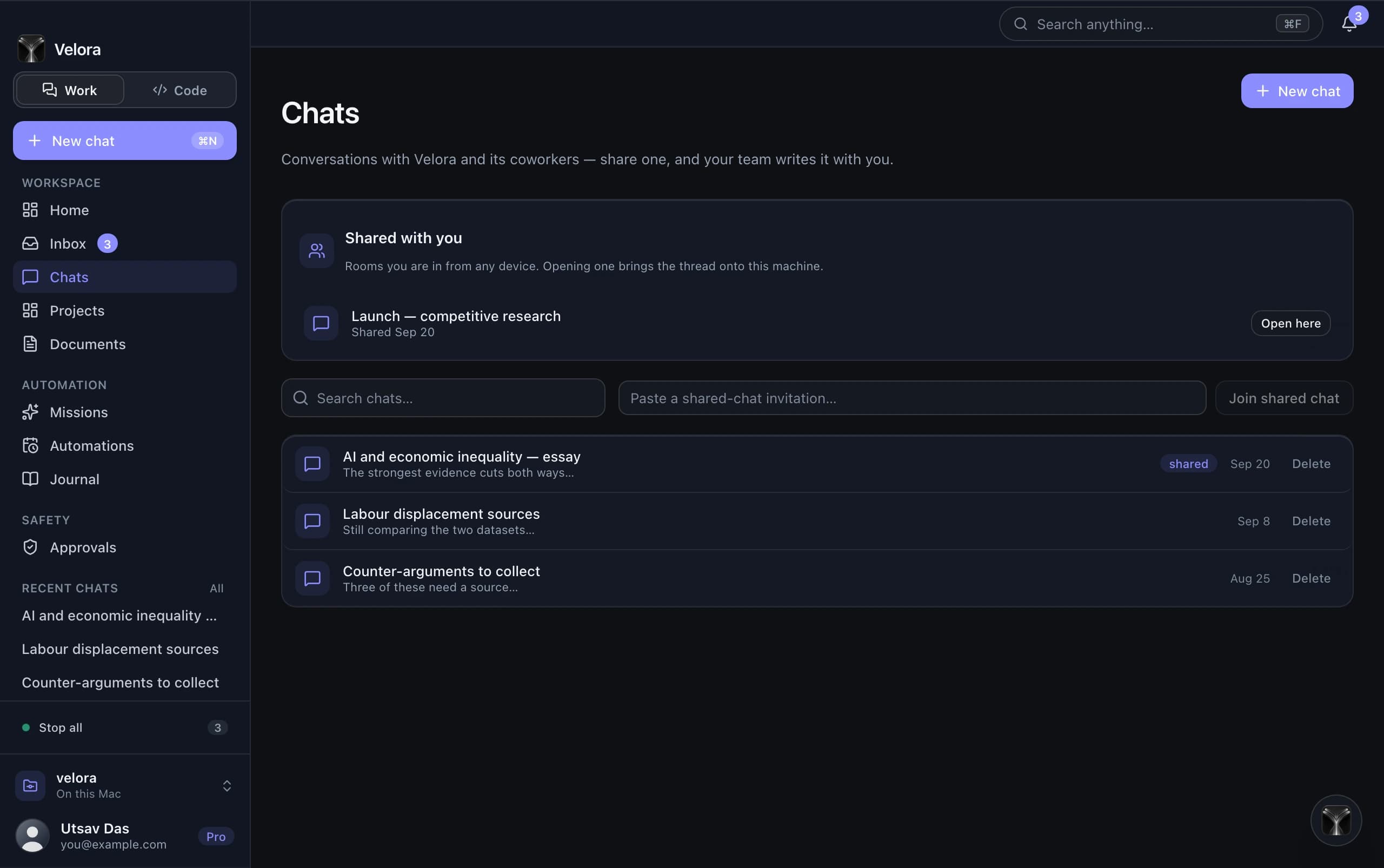 Velora conversation with project context