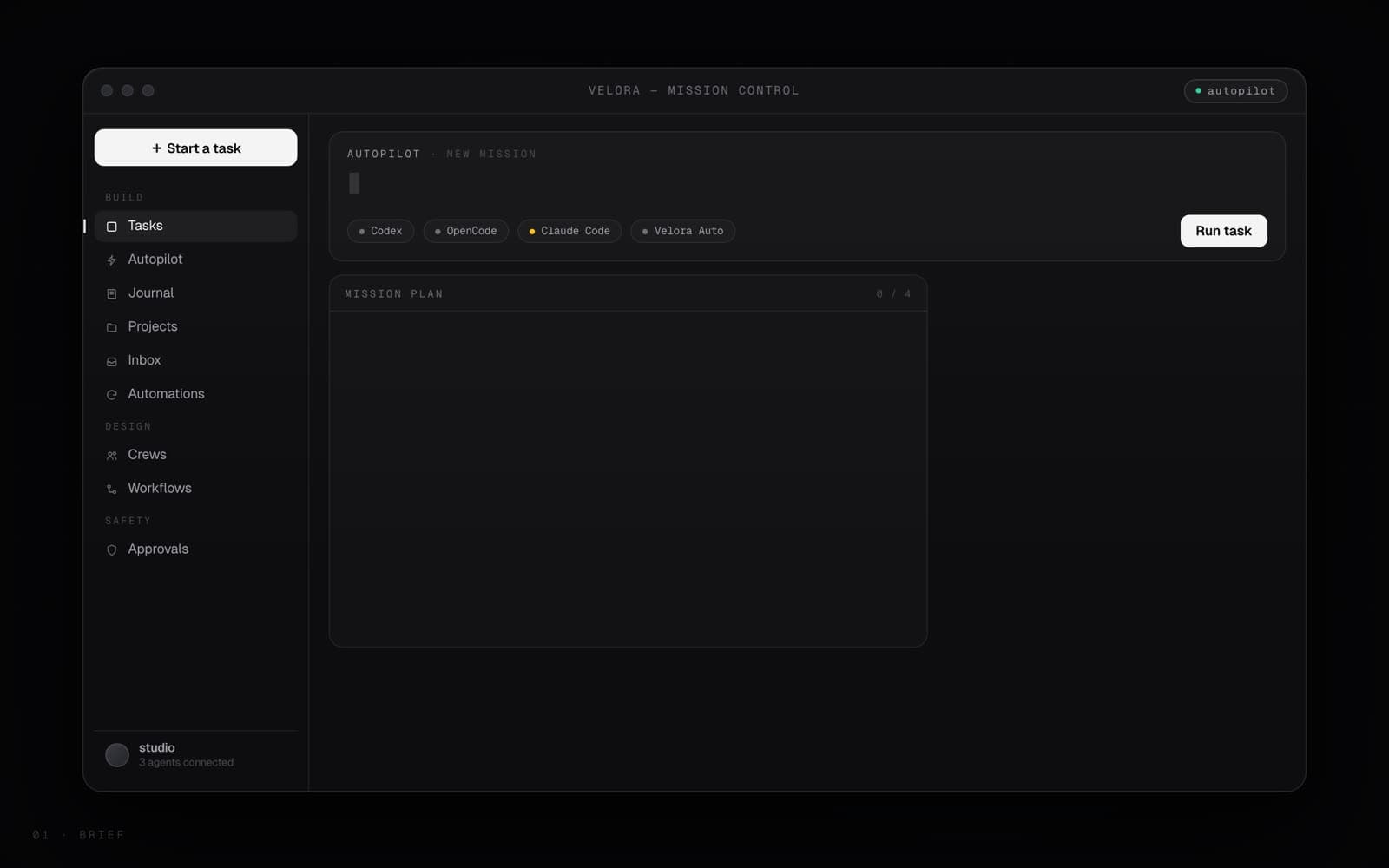 Velora mission control in a dark desktop workspace